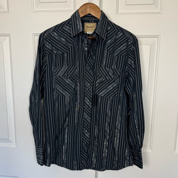 Wrangler Men’s Shirt Black Silver Striped Black Pearl Snap Up Long Sleeve‎ - Med - Picture 1 of 8
